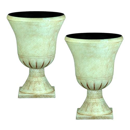 Image of Pompeii Tall Plastic Urn Planter & Base - Beige, Set of 2-58cm (H) x 40cm (Dia) - Suitable for Indoor of Outdoor Use.