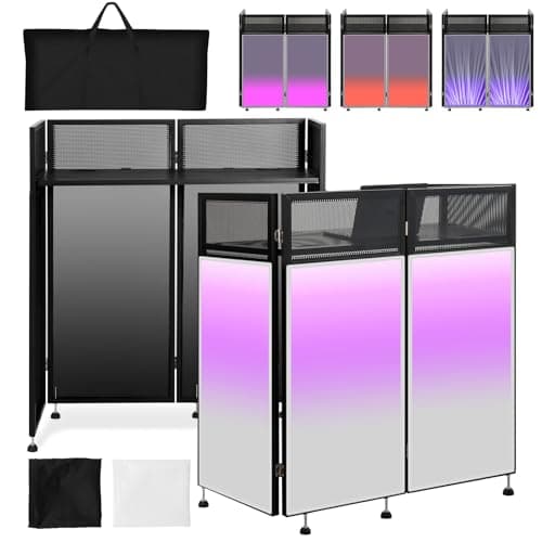 Image of Kokorona Portable DJ Booth 108 x 51 x 115 cm, DJ Facade Booth with Black & White Scrims, Adjustable Folding DJ Booth for Party, DJ Facade Table Station with Cable Hole, Black Metal Frame + Carry Bag