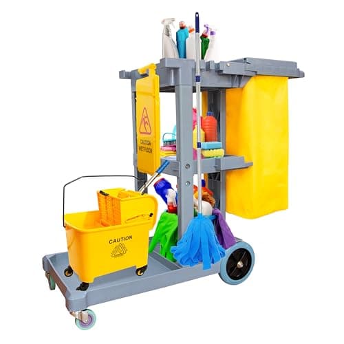 Image of Berry Cleaning Trolley on Wheels | Janitorial Cart with Mop Holders | Commercial Janitor Utility Cart with Detachable Cloth Bag | Housekeeping Cleaning Cart for Restaurants, Malls, Hospitals