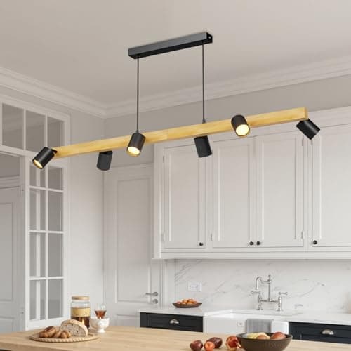 Image of LVWIT Black Kitchen Lights Ceiling,Pendant Lighting,Spotlights Hanging Lights,Wood Spots Ceiling Light Fitting,6 Way Drop Light Ceiling,Industrial Ceiling Light for Dining Room(GU10 Base,NO Bulbs)