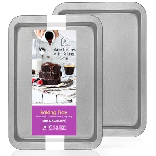 Image of ThingsPlus Set of 2 Baking Trays for Oven Non Stick, Premium Carbon Steel Oven Trays Non Stick with Teflon Coating, Durable & Easy-Clean NonStick Baking Tray Set for Cookies & Savories (32x22x2cm)