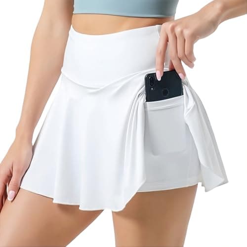 Image of SamHeng Women Tennis Skirt Athletic Skirts with Shorts Pleated Skirt with Pockets High Waist Skort Workout Golf Skorts Running Fitness Basic Sports Mini Skirt(White/L)