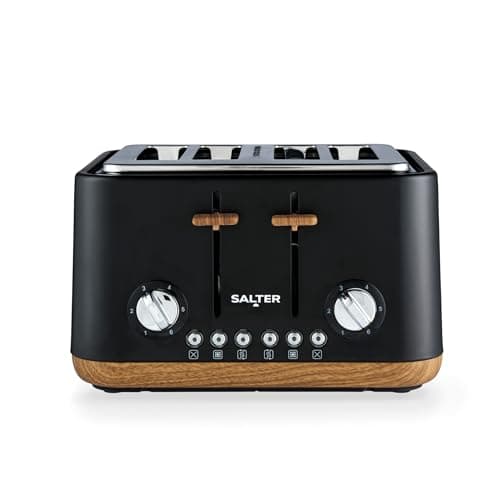Image of Salter Toronto 4-Slice Toaster – Wide Slots, 6 Browning Levels, Removable Crumb Tray, Defrost, Reheat, Cancel, Self-Centring Function, High-Lift Eject, 1630 W, Wood Effect, Matt Black