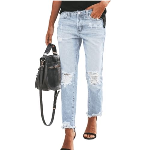 Image of Jeans Women High Waist Turn Up Hem Boyfriend for UK, Ladies Denim Blue Women’s