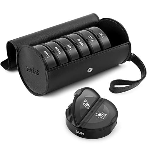 Image of Fullicon PU Case Weekly Pill Box Organiser 2 Times A Day, Travel 7 Day Pill Boxes, Portable Tablet Organiser with Large Compartments for Medicine, Medication, Vitamin, Fish Oil Supplements (Black)