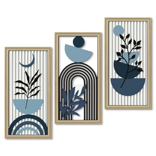 Image of YunBey 3-Piece Mid-Century Modern Wall Decor Set, Framed Abstract Plant & Geometric Art Prints | High-Definition Printing, Solid Wood Frame Wall Art for Living Room, Bedroom, Dining Room
