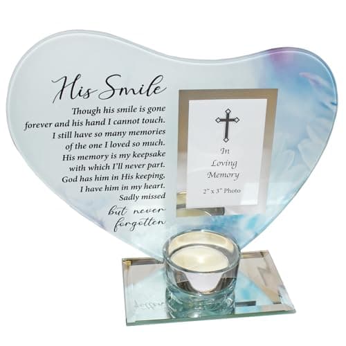 Image of Glass Memorial Heart Tea Light Candle Holder with Photo Frame Tealight for Dad, Grandad, Uncle, Brother, or Someone special - His Smile