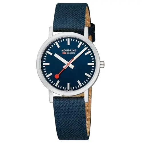 Image of Mondaine Classic Collection Watch 36mm Deep Ocean Blue Dial Recycled PET Textile Strap Stainless Steel Case Timeless Minimalist Design Quick-Change System