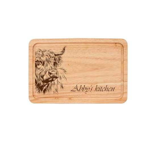 Image of Highland Cow Laser Engraved Chopping Board, Wood, 30cm x 20cm, Rustic Scottish Theme, for Kitchen Use