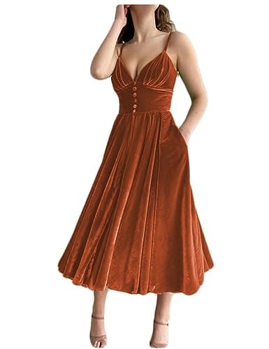 Image of Plus Size Homecoming Dress with Pocket Velvet Midi Cocktail Dress Spaghetti Straps Wedding Guest Dress Burnt Orange Size UK22/EU50