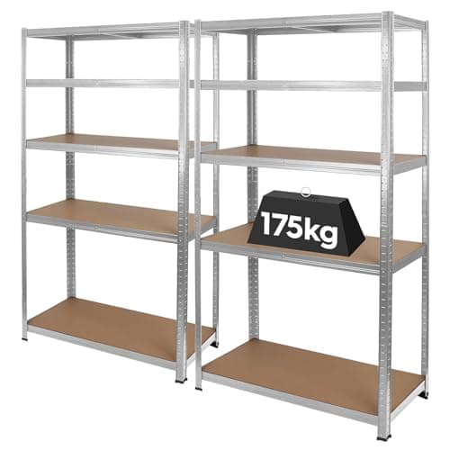 Image of Harbour Housewares 5-Tier Steel Garage Shelving Units Set - Galvanised - 2 Pack Heavy Duty Free Standing Industrial Shed Storage Racking Shelves | Boltless Assembly | 875kg Capacity | 90 x 40 x 180cm