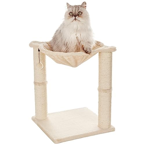 Image of Amazon Basics Cat Tower with Hammock Bed and Scratching Post for Indoor Cats, Easy to Assemble, Interactive Hanging Ball, 15.8" x 15.8" x 19.7", Beige