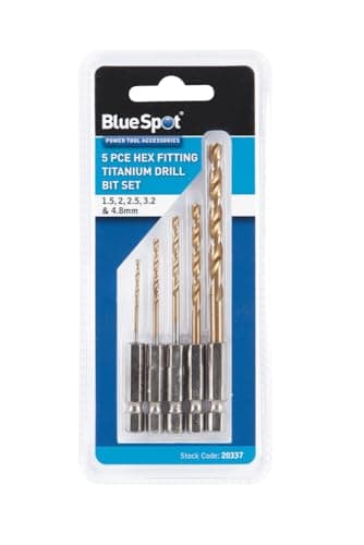 Image of Blue Spot Tools 5PCE Titanium Coated Hex Fitting Drill Bit Set, 1/4" Hex, Sizes 1.5, 2, 2.5, 3.2, 4.8mm