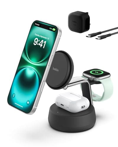 Image of Belkin UltraCharge Pro Wireless Charging Station 25W, 3-in-1 Qi2.2 Certified MagSafe Compatible Charger for iPhone 17, Air, Apple Watch, AirPods, Pixelsnap, with Cooling Fan, 45W Adapter - Black