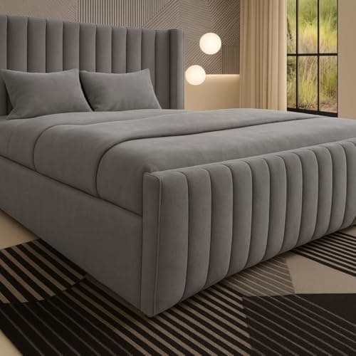 Image of Luxury Chesterfield Winged Panel Bed Frame |- Double King Superking Sizes - Optional Gas Lift & Mattress - UK Made (Grey Plush, Double 4ft6 Bed Frame)
