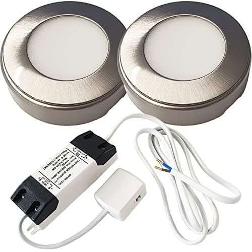 Image of 2 PACK | BRIGHT 2.6W LED Under Cabinet Spot Lights & Driver Kit | STAINLESS STEEL & NATURAL WHITE | Surface Mounted Fitting | Kitchen Work Countertop Cupboard Unit Down Light | Modern Round Lighting