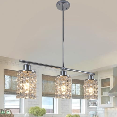 Image of Rviezza Modern Crystal Ceiling Hanging Light 3-Way Chrome Metal Chandeliers Silver Ceiling Lights with E27 Base, Classic Ceiling Pendant Light Fitting for Kitchen Island Dining Room