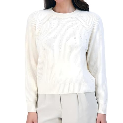 Image of French Connection Women’s Pearl Embellished Sweater - Long Sleeve Crewneck Pullover Knit Fashion Top, Beige, M