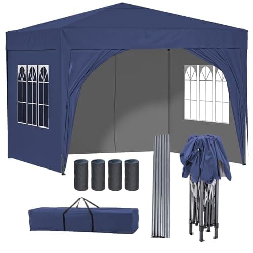 Image of BIRCHTREE Pop Up Gazebo with Sides, 3m x 3m Waterproof with 2 Free Weather Support Beams 4 Gazebo Weight Bags. Garden Canopy Outdoor, Party Tent, 260g Polyester Powder Coated Steel Frame. BLUE