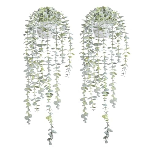 Image of BACAMA Decorative Hanging Plants for Shelf, Faux Ivy Eucalyptus Vine, Fake Greenery in White Pot (Light Green, 2PCS)