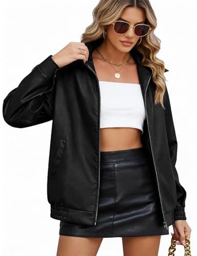 Image of CMTOP Leather Jacket for Women Faux Leather PU Women's Jackets, Casual Fashion and Classic Street Jacket Zip Up Biker Jacket Outwear with Pockets for Spring Autumn(Black,L)