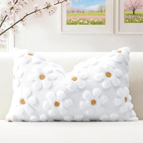Image of Artscope Spring Summer Daisy Cushion Cover Set of 1 Flowers Throw Pillow Cover for Sofa 30x50cm Lumbar Seasonal Soft Plush Short Wool Velvet Cushion Case Holiday Decor White