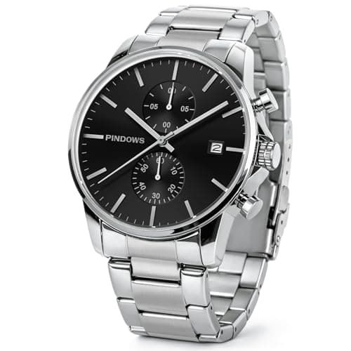 Image of PINDOWS Mens Watches Fashion Minimalist Business Heavy Duty Stainless Steel Waterproof Chronograph Quartz Watch with Auto Date