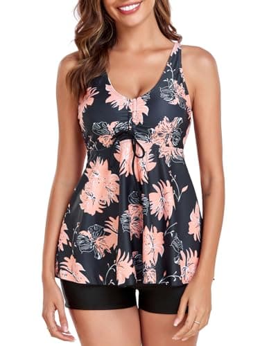 Image of FLYILY Womens Print Strappy Tankini Sets Tummy Control Bathing Suits Cross Back Tankini Top(BlackFlower,XL)