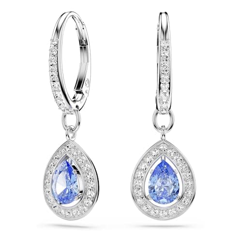 Image of Swarovski Una Angelic Drop Earrings, Blue Pear-Cut Stone and Clear Round-Cut Crystals in a Rhodium-Finished Setting, Part of the Swarovski Una Angelic Collection
