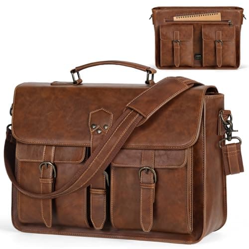 Image of RAINSMORE Messenger Bag PU Leather Laptop Bag 18 Inch Waterproof Briefcase for Men Work Satchel Bag Business Shoulder Bag for College Brown