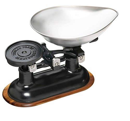 Image of KitchenCraft Living Nostalgia Mechanical Kitchen Scale with Bowl in Gift Box, Scale made of Cast Iron with Acacia Wood Stand, Black