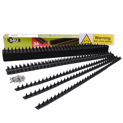 Image of S4U Fence Wall Spikes Garden Security Guard Anti-Pigeon Cat Bird Spikes Intruder Pest Deterrent 50 x 4.5 x 1.5cm Warning Sign & Screws Included (5m, 10pcs - Black)