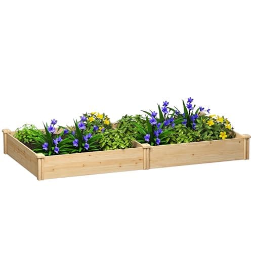Image of Outsunny Raised Garden Bed, Wooden Planter Box with Divider and Open Bottom, Outdoor Elevated Garden Planter for Flowers, Herbs, Vegetables, DIY Painting, 235 x 121 x 26 cm