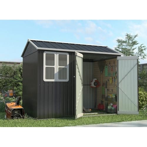 Image of BIRCHTREE Garden Shed Steel Apex Roof House Outdoor Backyard Storage With Lockable Double Doors Window Free Foundation Tool Equipment Organizer Air Vents 8x6FT Anthracite
