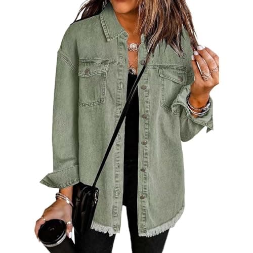 Image of Cocila Denim Jackets Women UK Button Down Windproof Casual Long Frayed Hem Shacket Coats Washed 2025 Jean Solid Color Lightweight Stretch Boyfriend Jean Jacket Gift with Pockets AG L
