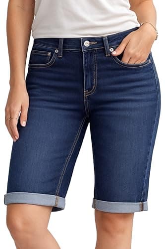 Image of NOROZE Womens Denim Shorts – Ladies Knee Length Stretch Jean Shorts with Pockets – Rolled Hem Summer Bermuda Shorts for Women UK – Lightweight Casual Fit – Sizes 8 to 20