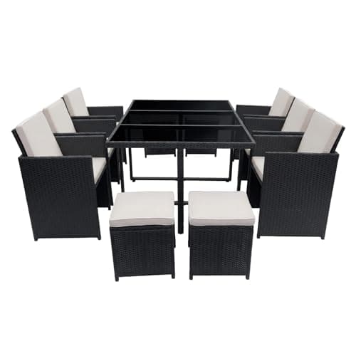 Image of Panana 10 Seater Rattan Garden Dining Set with Large Table, 6 Chairs & 4 Stools, Space Saving Outdoor Furniture for Patio, Conservatory & Garden (Black Rattan with Beige Cushions)