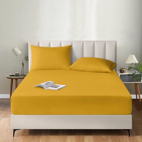 Image of Ev Dekor Fitted Sheet King, Ochre Yellow - Deep Pocket Bedsheet 12inch (30 cm) - Soft Brushed Microfibre Fabric - Shrinkage and Fade Resistant - Bottom Sheet - King Bed Bedsheet Fitted