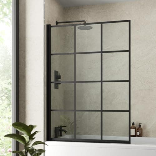 Image of LUXURA® 1000 x 1400mm Black Square Grid Over Bath Shower Screen Door 6mm Clear Toughened Safety Glass Panel 180° Pivot Bathroom Hinged Framed Bath Screens