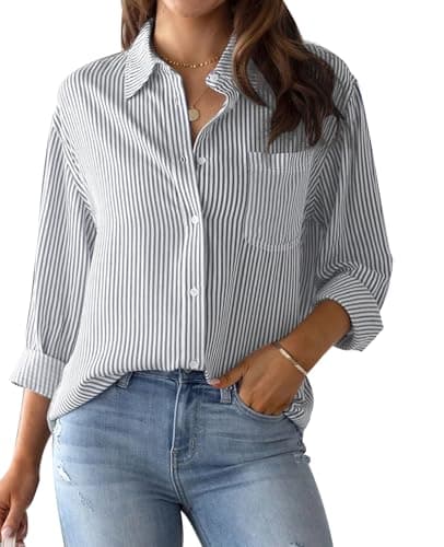 Image of MINTLIMIT Women's Striped Button Down Shirts Long Sleeve Casual Blouse Tops with Pockets for Women 2024 Light Grey