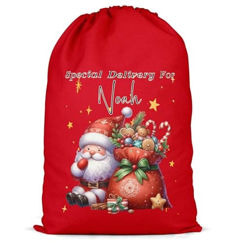 Image of Purple Print House Santa Christmas Sack For Kids Personalised Xmas Special Delivery Festive Boys Girls Xmas Gift Bag, XL, Red