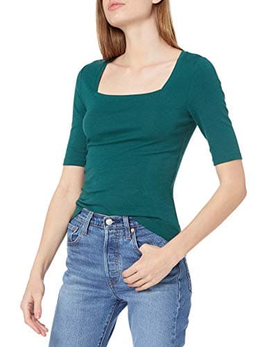 Image of Amazon Essentials Women's Slim-Fit Half Sleeve Square Neck T-Shirt, Dark Green, M