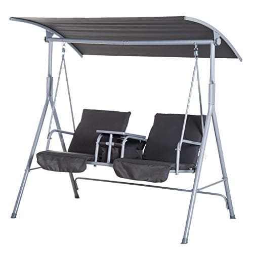Image of Outsunny 2 Seater Garden Swing Chair Patio Rocking Bench w/Tilting Canopy, Double Padded Seats, Storage Bag and Tray, Grey