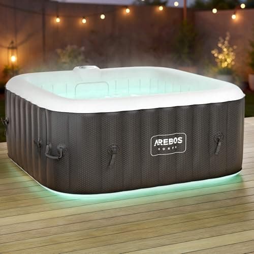 Image of Arebos Inflatable Hot Tub | Indoor & Outdoor Spa Pool | 154 x 154 cm | with LED lighting | square |4 persons | 100 massage jets | with heating | 600 L | Incl. cover | Bubble Spa & Wellness Massage