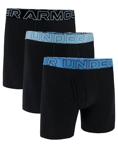 Image of Under Armour Men's 3-Pack Performance Cotton Boxer Brief, 6" Inseam – Breathable, Moisture Wicking, Soft Touch, All-Day Comfort, Black/Stream, L