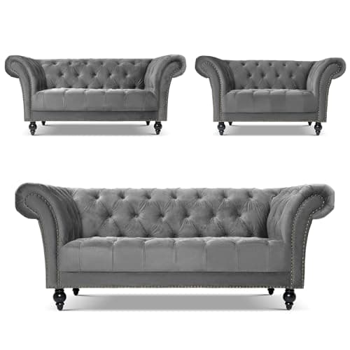 Image of Bravich Chesterfield Velvet Sofa Suite, Grey Armchair, 2 and 3 Seater Sofa Set, Living Room Furniture, Classic Button Back, Solid Wood Frame, 3 Piece Collection