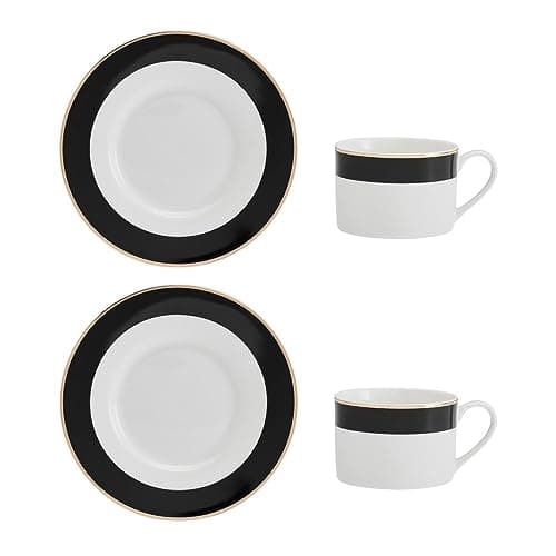 Image of MIKASA Luxe Deco 2pc Fine China Tea Cup & Saucer Set - Band Pattern, 200ml, Gift Boxed