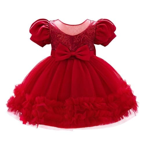 Image of Lito Angels Baby Girls Tulle Flower Girl Dress with Sequins Puff Sleeves Birthday Party Wedding Outfit Fancy Ball Gown Special Occasion, Age 12 Months, Burgundy Red