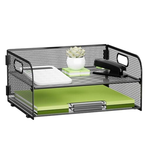 Image of 2 Tier Metal Mesh Desk File Organizer, Letter and Paper Tray with Handle, Non-Slip Base for Office School Supplies, Black