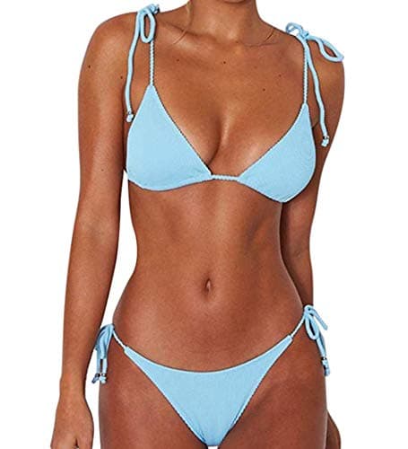 Image of JFAN Women's Ribbed Tie Bikini Brazilian Swimsuit Spaghetti Stripes Padded Bikini Set 7 Piece Sexy Halter Top Triangle Bikini Set Beachwear(Blue,M)